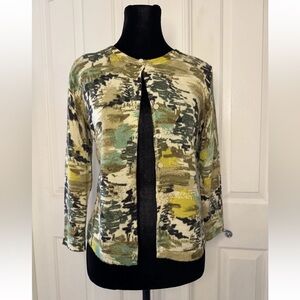 Garnet Hill Womens Sz S 100% Merino Wool Forest Landscape Print Cardigan EUC